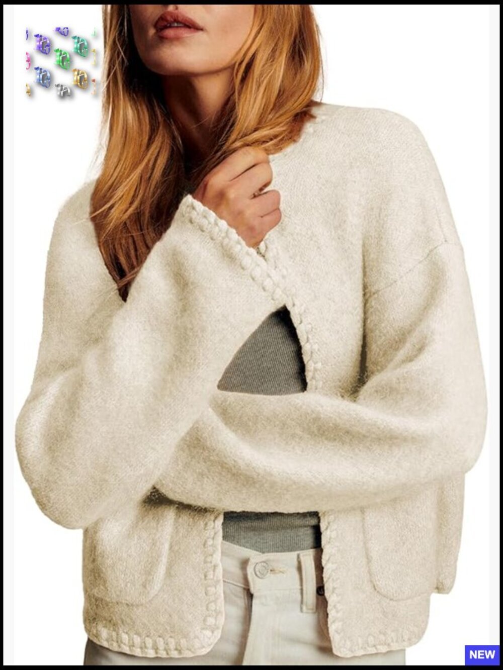 Oversized Knit Cardigan with Braided Trim Pockets Casual Open Front Sweater Coat